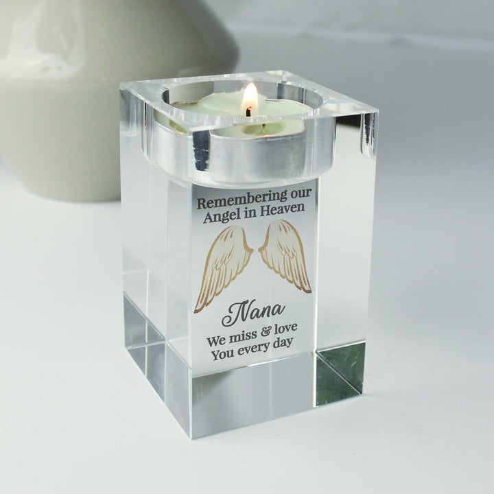 Buy Personalised Angel Wings Memorial Glass Tealight Holder available now at www.giftsfinder.co.uk