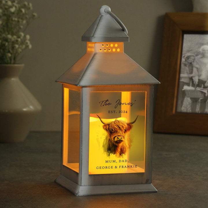 Buy Personalised Highland Cow LED Lantern available now at www.giftsfinder.co.uk