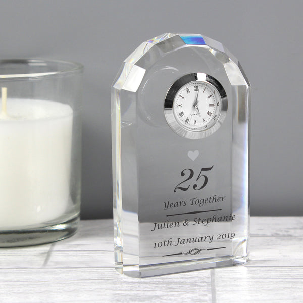 Personalised Silver Anniversary Crystal Clock in gift category Personalised Anniversary Gifts