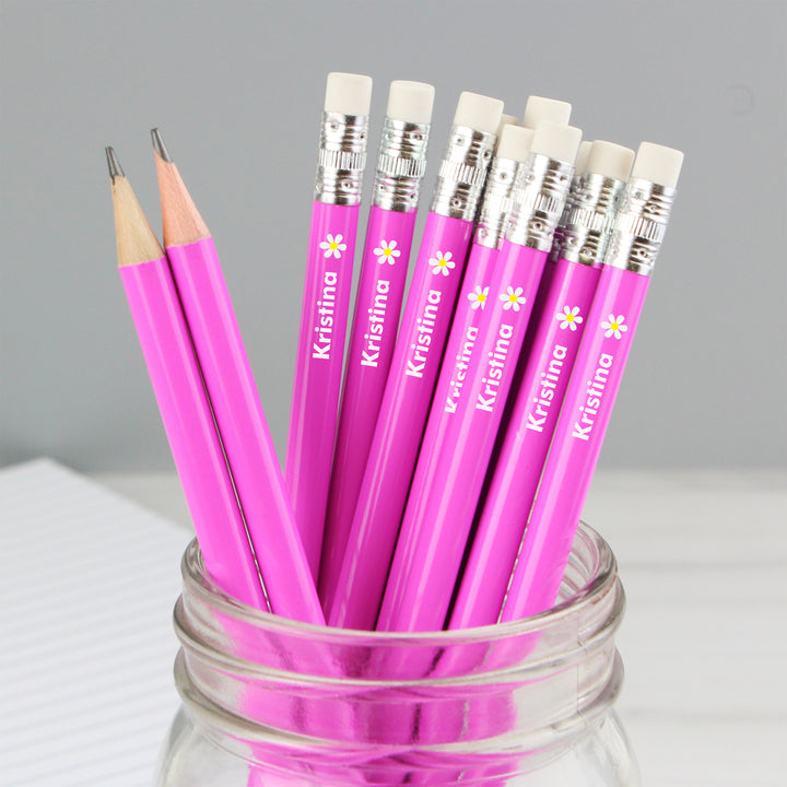 Buy Personalised Flower Motif Pink Pencils available now at www.giftsfinder.co.uk