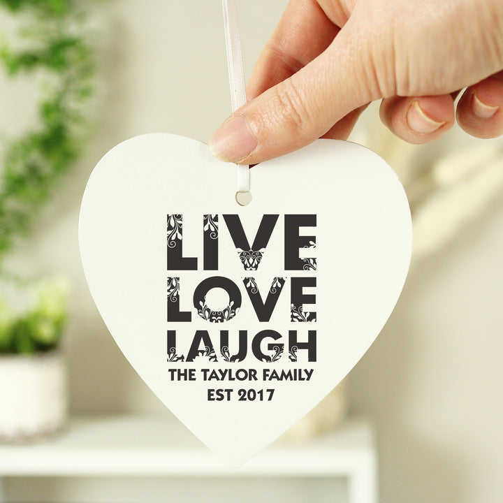 Buy Personalised Live Love Laugh Wooden Heart Decoration available now at www.giftsfinder.co.uk