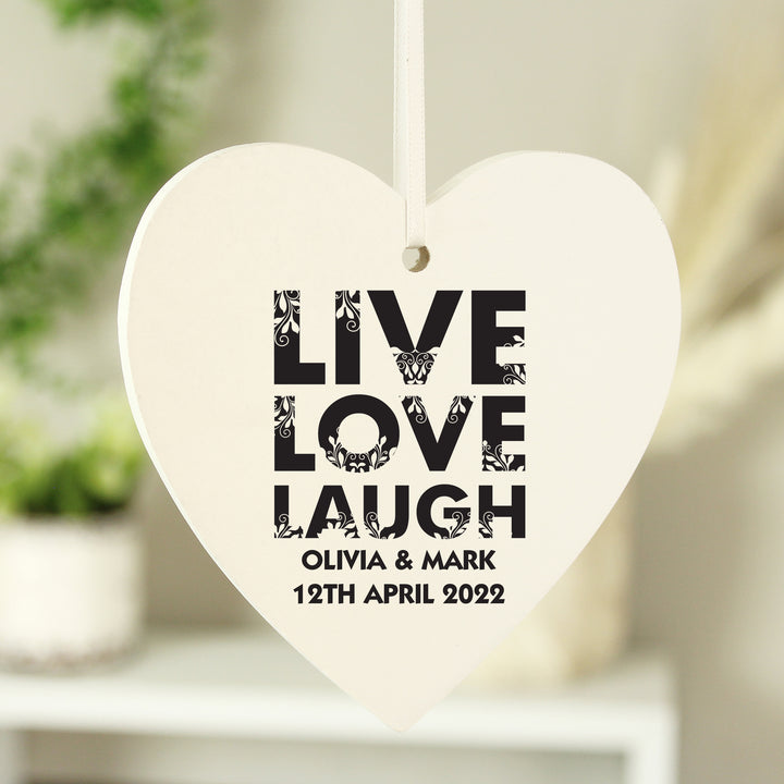 Buy Personalised Live Love Laugh Wooden Heart Decoration available now at www.giftsfinder.co.uk