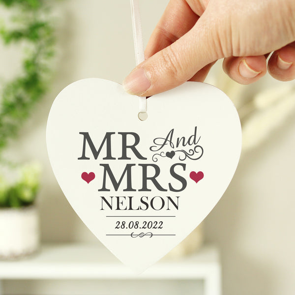 Buy Personalised Mr & Mrs Wooden Heart Decoration at www.giftsfinder.co.uk