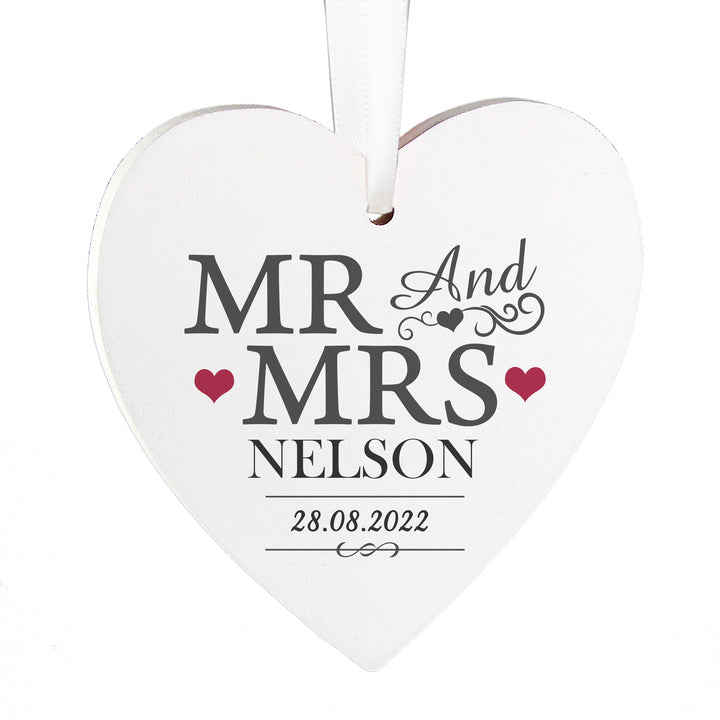 Buy Personalised Mr & Mrs Wooden Heart Decoration at www.giftsfinder.co.uk