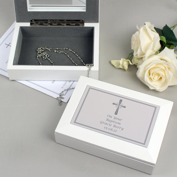 Personalised Silver Cross White Wooden Keepsake Box in gift category Personalised Ornaments & Keepsakes