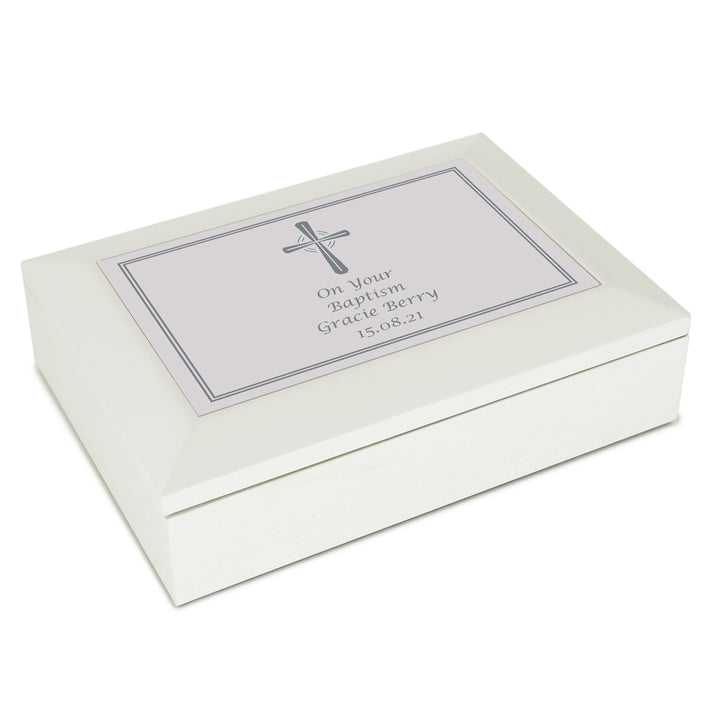 Personalised Silver Cross White Wooden Keepsake Box - part of the Gifts Finder Personalised Ornaments & Keepsakes collection