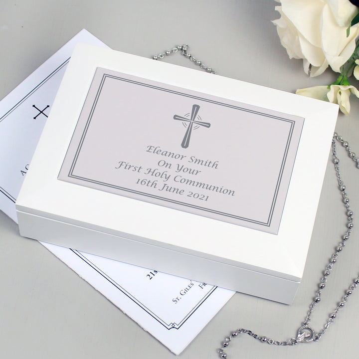 Personalised Silver Cross White Wooden Keepsake Box - part of the Gifts Finder Personalised Ornaments & Keepsakes collection