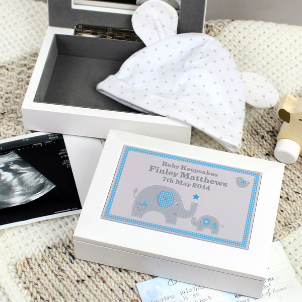 Buy Personalised Blue Baby Elephant White Wooden Keepsake Box available now at www.giftsfinder.co.uk