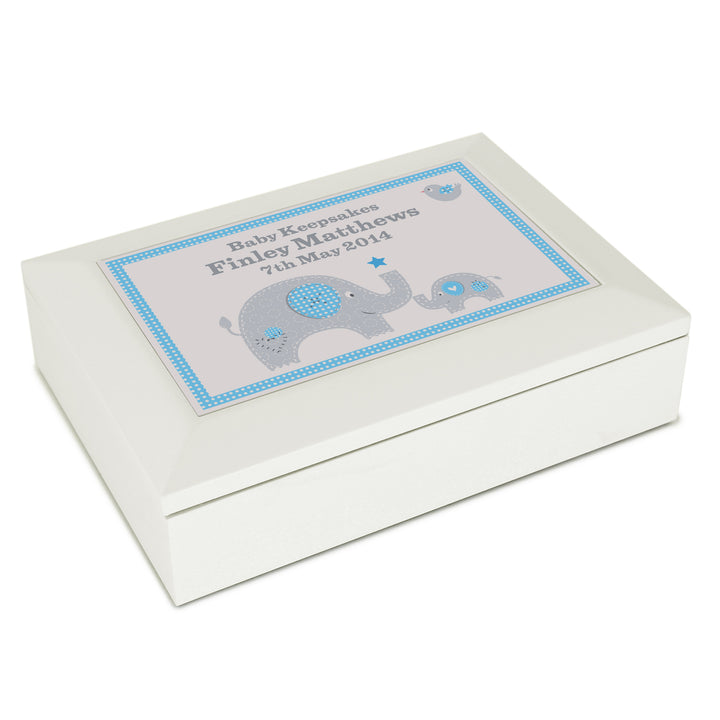 Buy Personalised Blue Baby Elephant White Wooden Keepsake Box available now at www.giftsfinder.co.uk