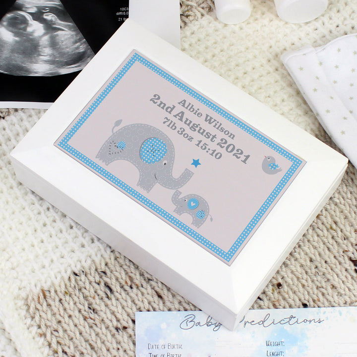 Buy Personalised Blue Baby Elephant White Wooden Keepsake Box available now at www.giftsfinder.co.uk