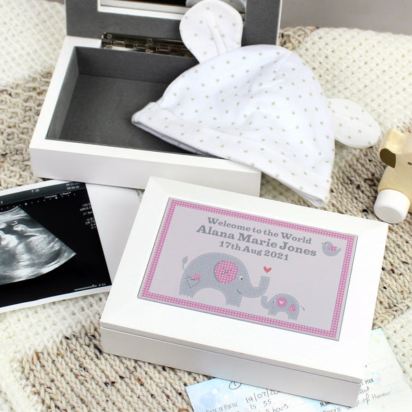 Buy Personalised Pink Baby Elephant White Wooden Keepsake Box at www.giftsfinder.co.uk