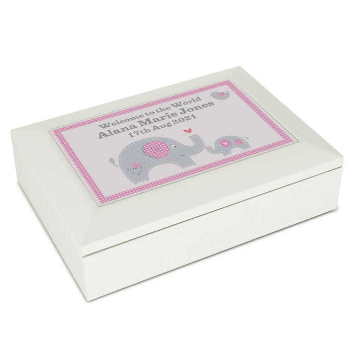 Personalised Pink Baby Elephant White Wooden Keepsake Box - part of the Personalised Ornaments & Keepsakes collection