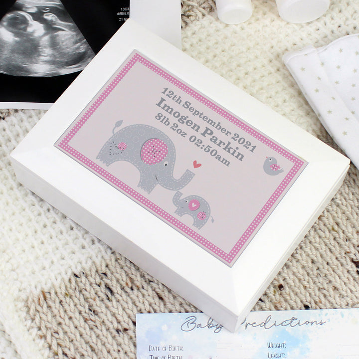 Personalised Pink Baby Elephant White Wooden Keepsake Box - part of the Personalised Ornaments & Keepsakes collection