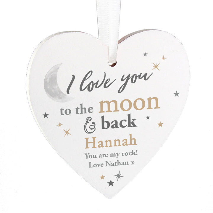 Personalised To the Moon and Back... Wooden Heart Decoration in gift category Personalised Heart Decorations