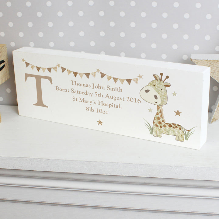 Buy Personalised Hessian Giraffe Wooden Block Sign at www.giftsfinder.co.uk