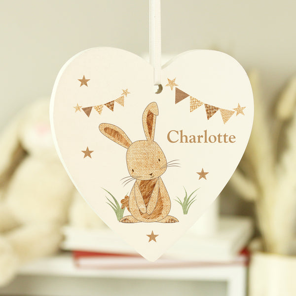 Buy Personalised Hessian Rabbit Wooden Heart Decoration at www.giftsfinder.co.uk