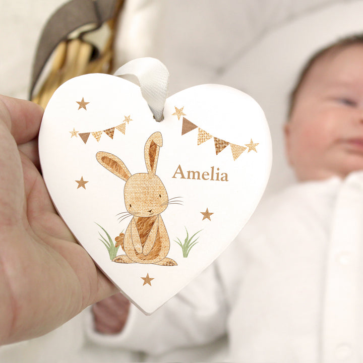 Buy Personalised Hessian Rabbit Wooden Heart Decoration at www.giftsfinder.co.uk