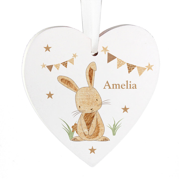 Buy Personalised Hessian Rabbit Wooden Heart Decoration at www.giftsfinder.co.uk