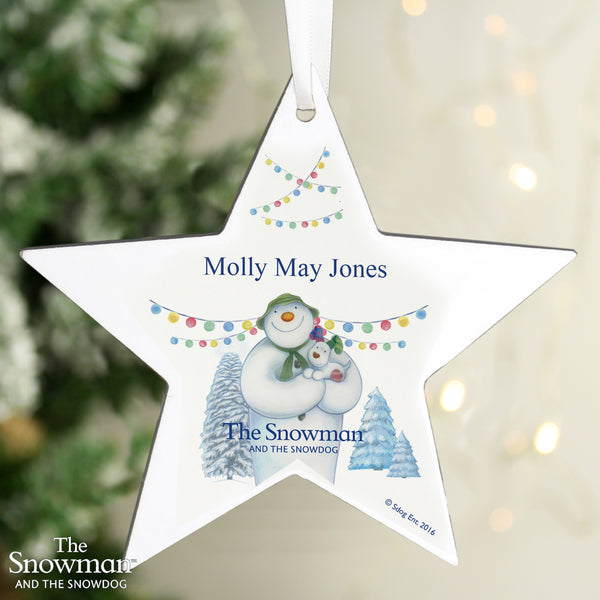 Buy Personalised The Snowman and the Snowdog Wooden Star Decoration at www.giftsfinder.co.uk