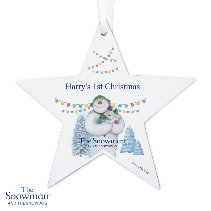 Buy Personalised The Snowman and the Snowdog Wooden Star Decoration at www.giftsfinder.co.uk