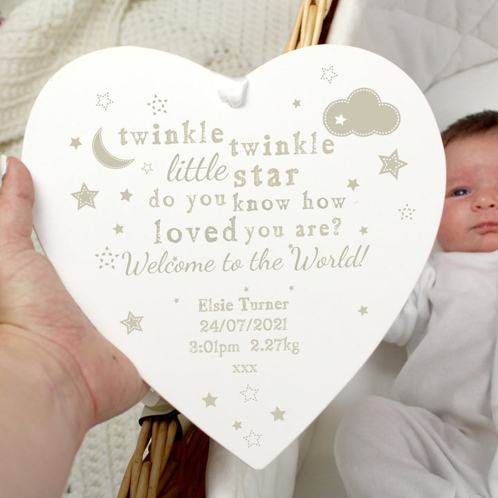 Buy Personalised Twinkle Twinkle Large Wooden Heart Decoration at www.giftsfinder.co.uk