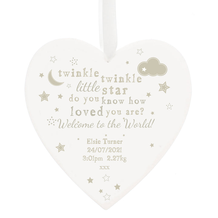 Buy Personalised Twinkle Twinkle Large Wooden Heart Decoration at www.giftsfinder.co.uk