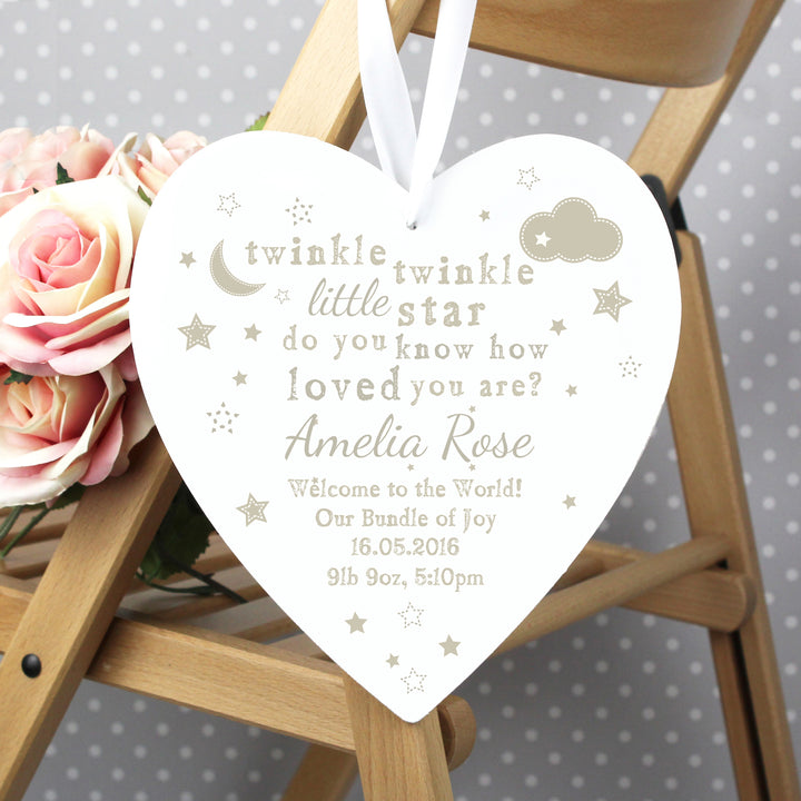 Buy Personalised Twinkle Twinkle Large Wooden Heart Decoration at www.giftsfinder.co.uk