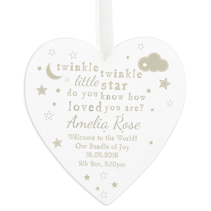 Buy Personalised Twinkle Twinkle Large Wooden Heart Decoration at www.giftsfinder.co.uk