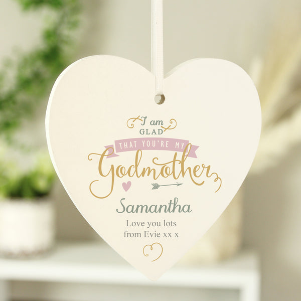 Buy Personalised I Am Glad... Godmother Wooden Heart Decoration at www.giftsfinder.co.uk