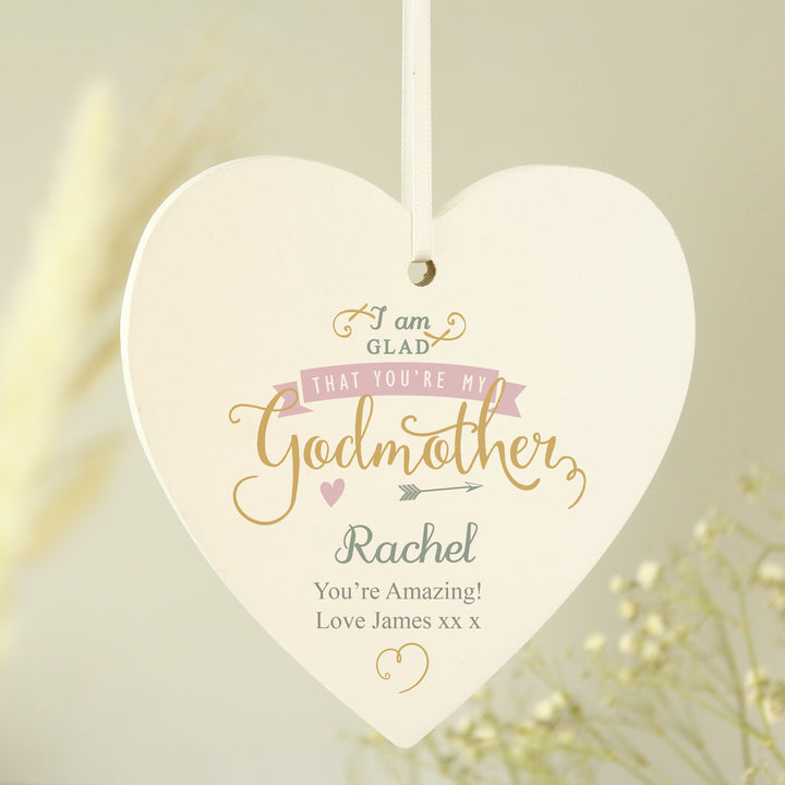 Buy Personalised I Am Glad... Godmother Wooden Heart Decoration at www.giftsfinder.co.uk