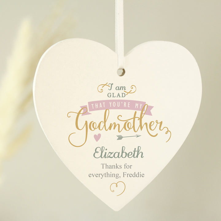 Buy Personalised I Am Glad... Godmother Wooden Heart Decoration at www.giftsfinder.co.uk