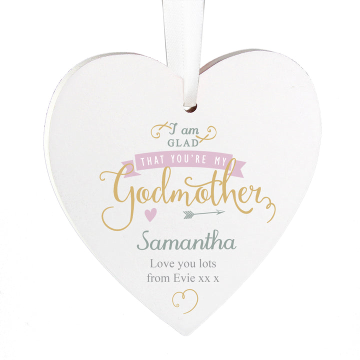 Buy Personalised I Am Glad... Godmother Wooden Heart Decoration at www.giftsfinder.co.uk