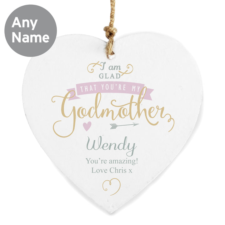 Buy Personalised I Am Glad... Godmother Wooden Heart Decoration at www.giftsfinder.co.uk