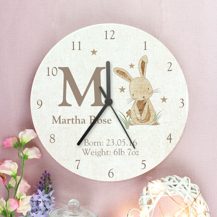 Buy Personalised Hessian Rabbit Shabby Chic Large Wooden Clock at www.giftsfinder.co.uk