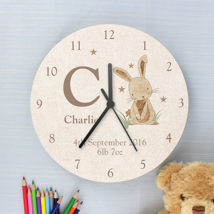 Buy Personalised Hessian Rabbit Shabby Chic Large Wooden Clock at www.giftsfinder.co.uk