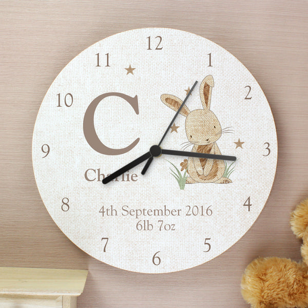 Buy Personalised Hessian Rabbit Shabby Chic Large Wooden Clock at www.giftsfinder.co.uk