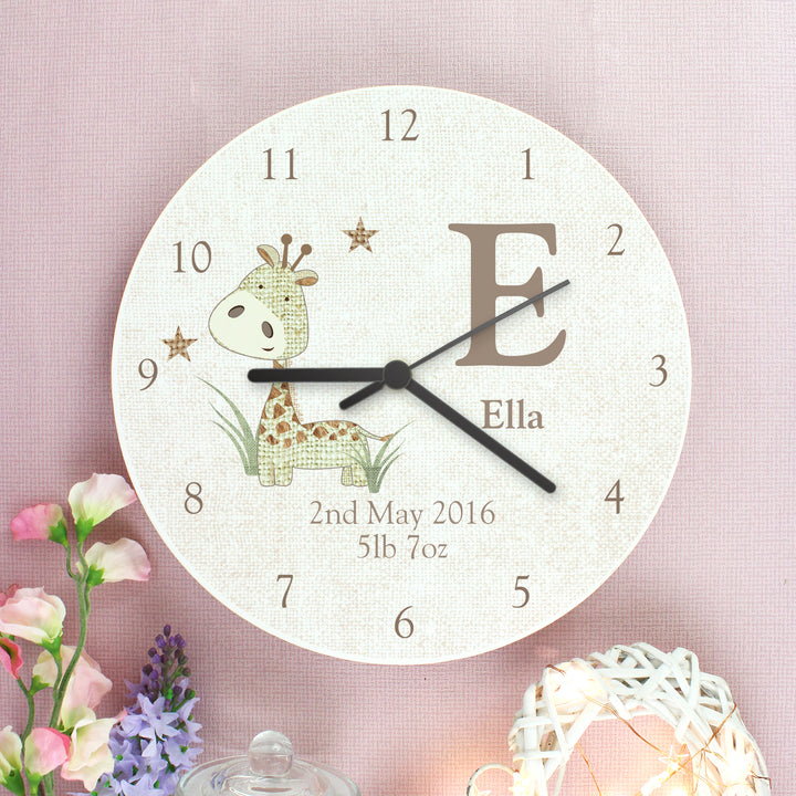 Personalised Hessian Giraffe Shabby Chic Large Wooden Clock - part of the Gifts Finder Personalised Wooden Clocks collection