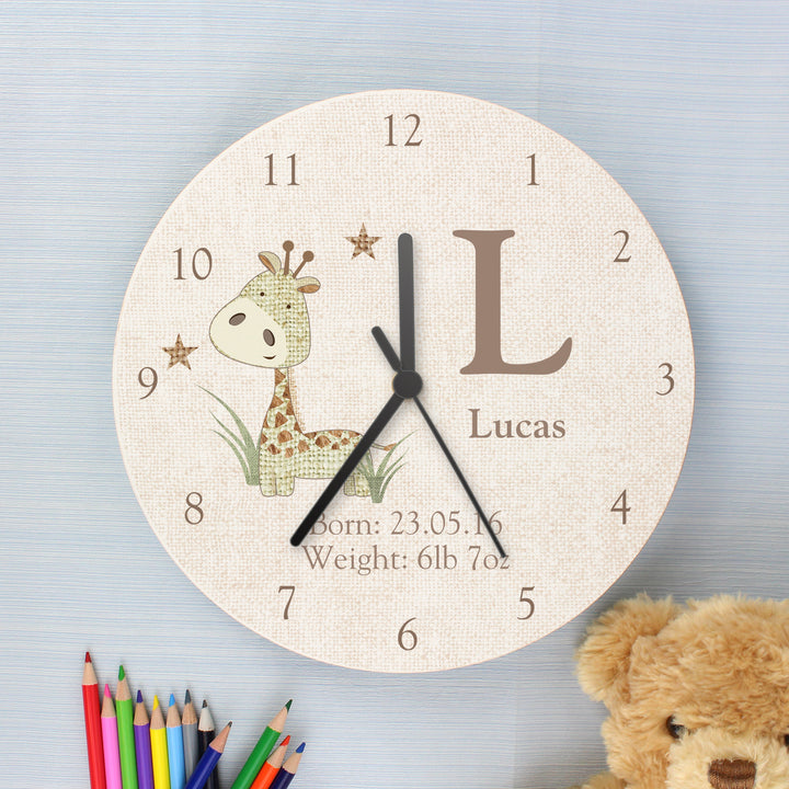 Personalised Hessian Giraffe Shabby Chic Large Wooden Clock - part of the Gifts Finder Personalised Wooden Clocks collection