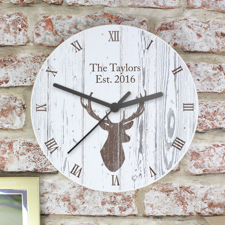 Buy Personalised Highland Stag Shabby Chic Wooden Clock at www.giftsfinder.co.uk