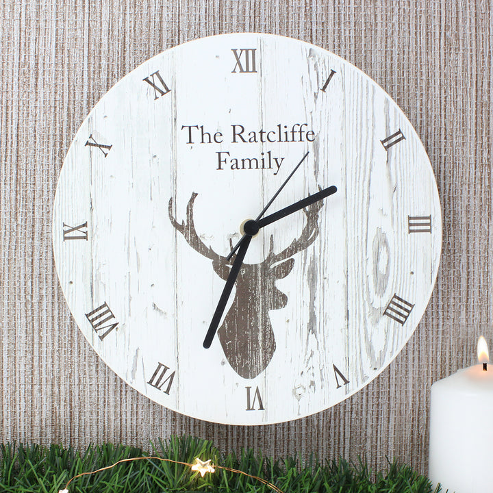 Buy Personalised Highland Stag Shabby Chic Wooden Clock at www.giftsfinder.co.uk