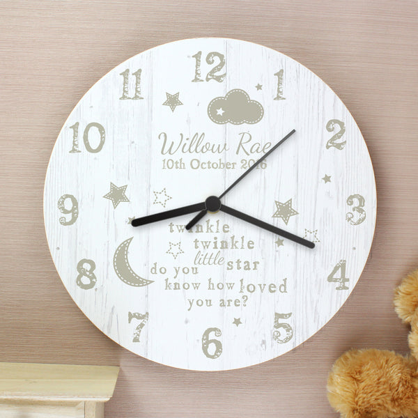 Buy Personalised Twinkle Twinkle Shabby Chic Large Wooden Clock at www.giftsfinder.co.uk