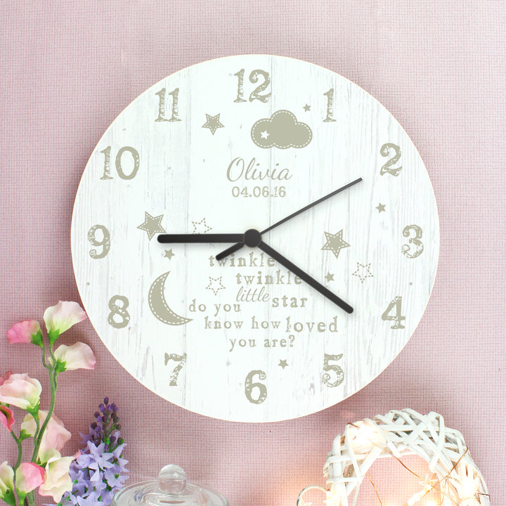 Personalised Twinkle Twinkle Shabby Chic Large Wooden Clock - part of the Gifts Finder Personalised Wooden Clocks collection