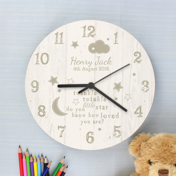 Personalised Twinkle Twinkle Shabby Chic Large Wooden Clock - part of the Gifts Finder Personalised Wooden Clocks collection