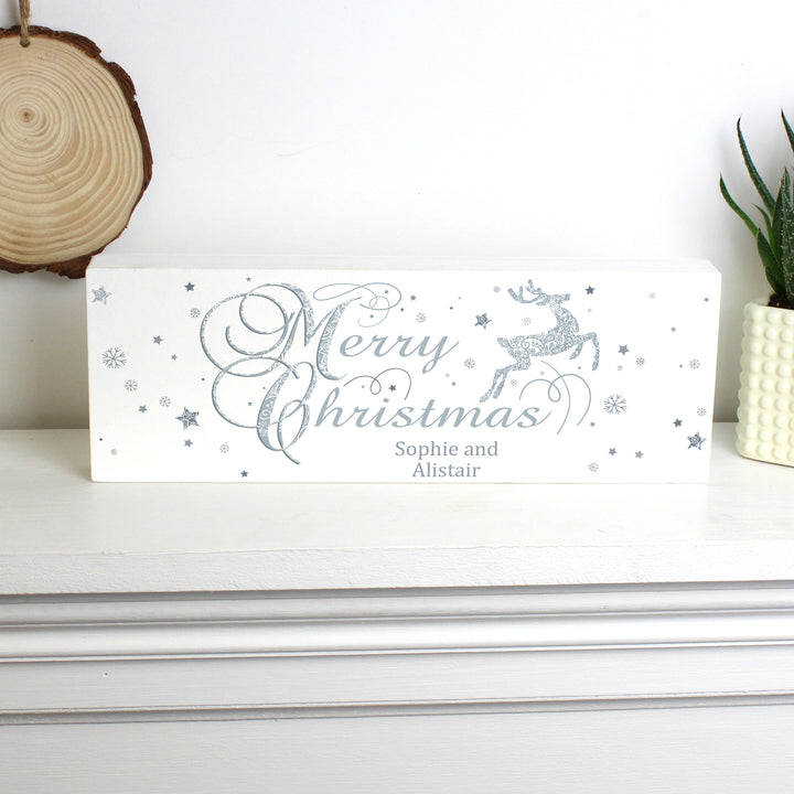 Buy Personalised Silver Reindeer Wooden Block Sign at www.giftsfinder.co.uk