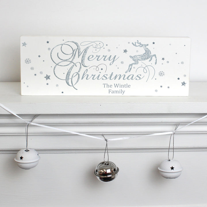 Buy Personalised Silver Reindeer Wooden Block Sign at www.giftsfinder.co.uk