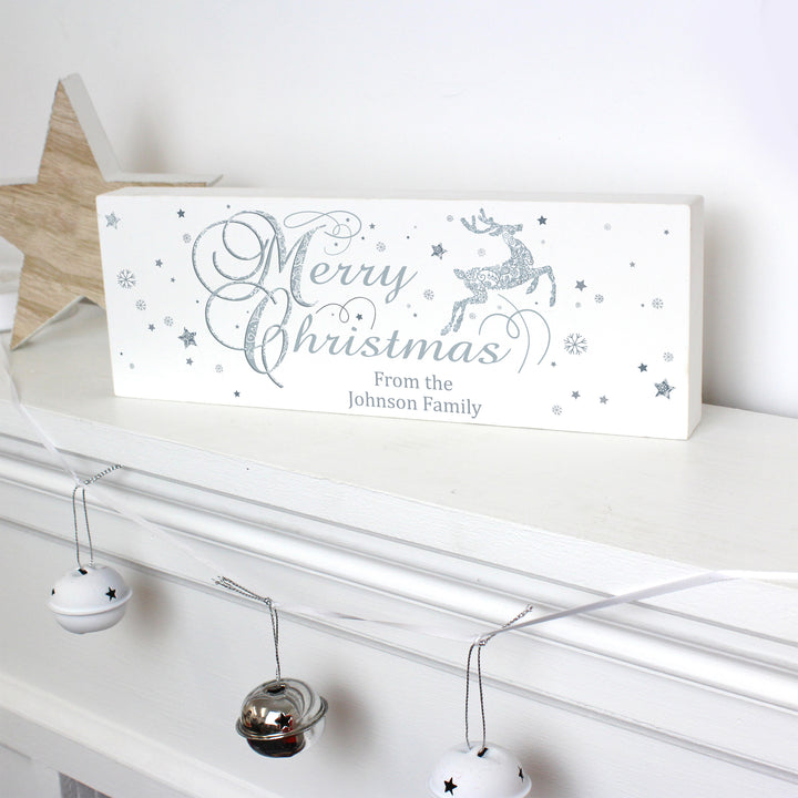 Buy Personalised Silver Reindeer Wooden Block Sign at www.giftsfinder.co.uk