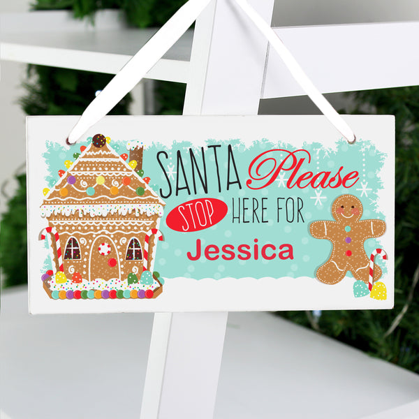 Buy Personalised Gingerbread House Santa Stop Here Wooden Sign at www.giftsfinder.co.uk