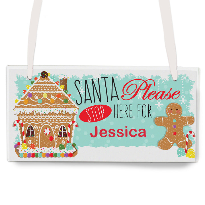 Buy Personalised Gingerbread House Santa Stop Here Wooden Sign at www.giftsfinder.co.uk