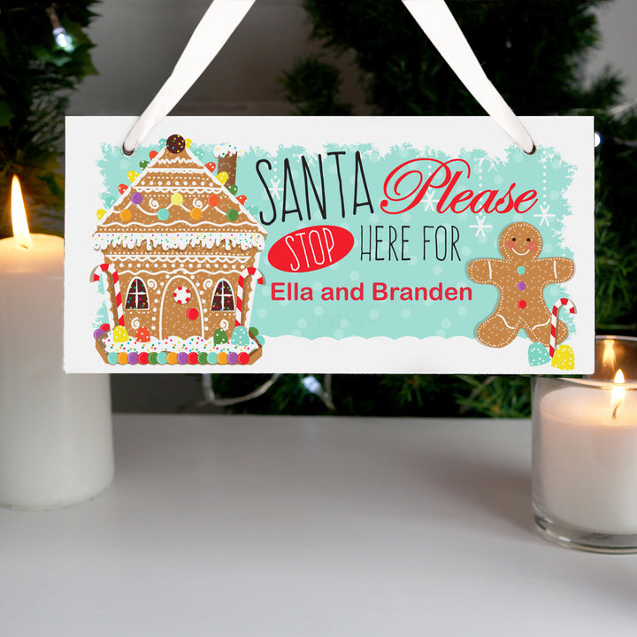 Buy Personalised Gingerbread House Santa Stop Here Wooden Sign at www.giftsfinder.co.uk