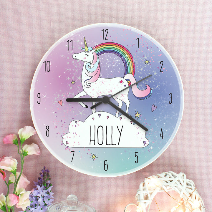 Buy Personalised Unicorn Wooden Clock at www.giftsfinder.co.uk